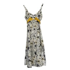 Dress Barn Babydoll 90s Y2K Floral Midi White Bl Yellow Bow 8 100% Cotton